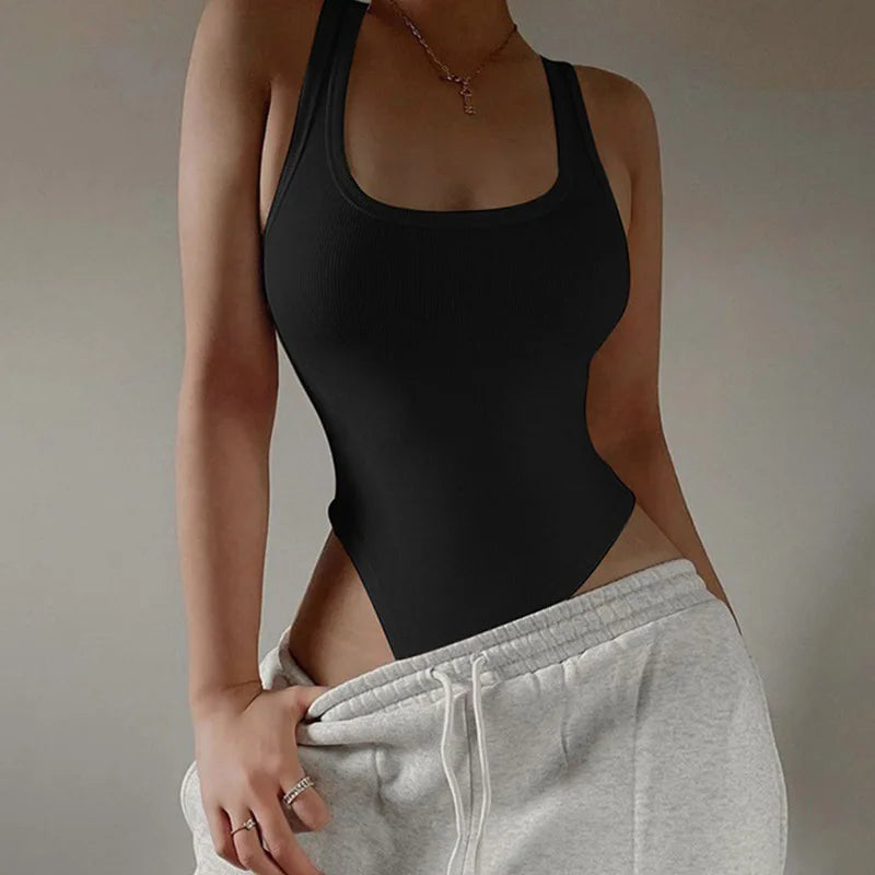 Sleeveless Knit Bodycon Bodysuit – Off-Shoulder Halter Top for Women’s Summer Streetwear & Club Outfits