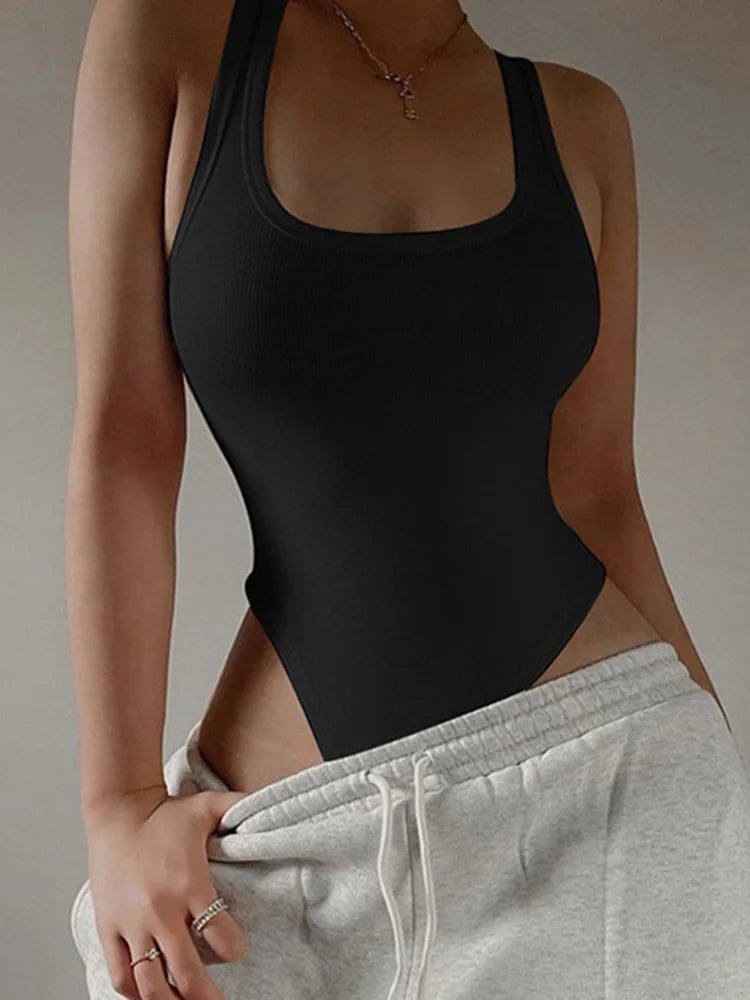 Sleeveless Knit Bodycon Bodysuit – Off-Shoulder Halter Top for Women’s Summer Streetwear & Club Outfits