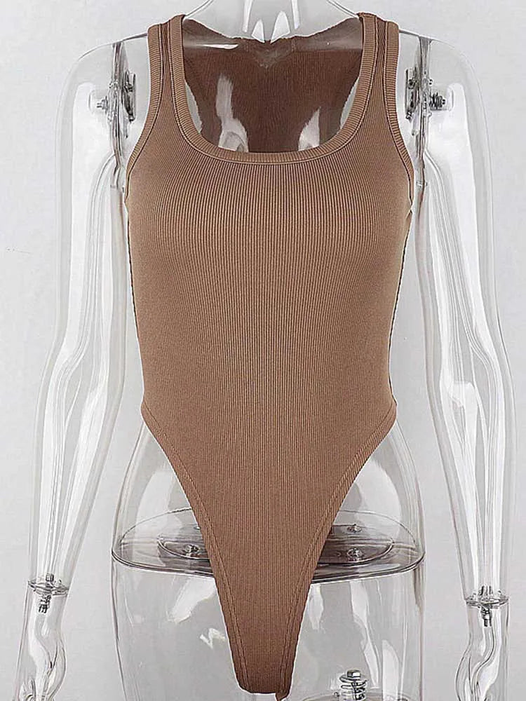 Sleeveless Knit Bodycon Bodysuit – Off-Shoulder Halter Top for Women’s Summer Streetwear & Club Outfits